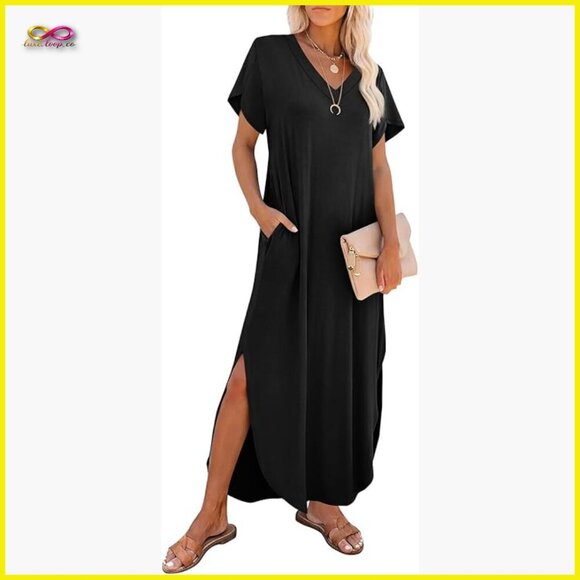 Dresses & Skirts - Summer Maxi Dress V-Neck Side Slit Pockets Casual Boho Chic Loose Fit